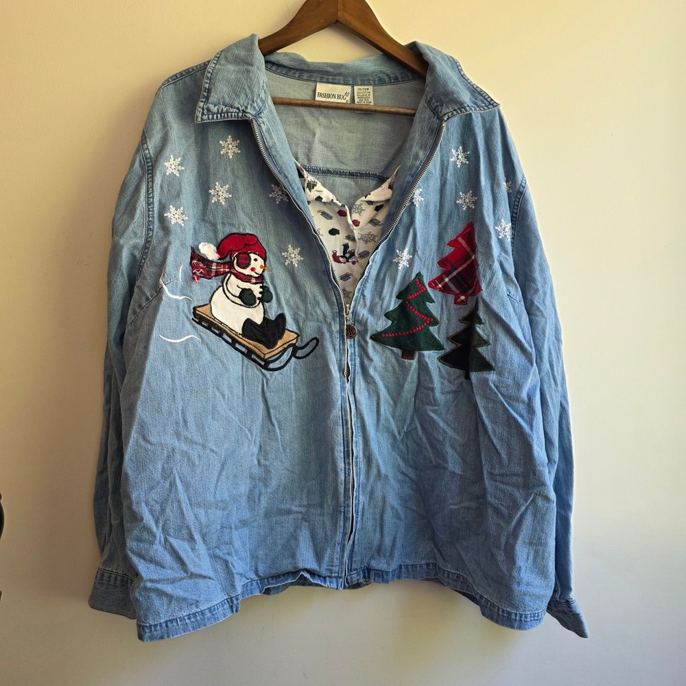 Vintage Fashion Bug Snowman Christmas Denim Jacket Women 26/28W Grandma Core 90s